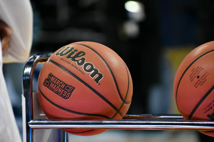 Wilson basketballs on a rack