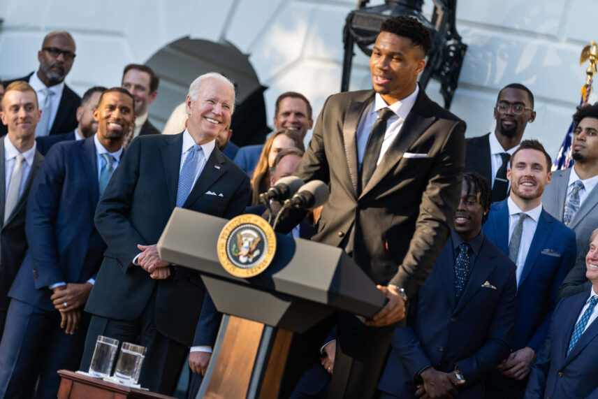 Giannis Antetokounmpo speaking at the White House in November 2021