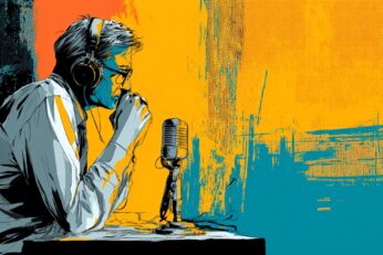 Illustration of man sitting in front of a microphone