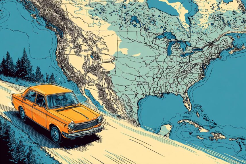 Illustration of a car with a map of the US in the background