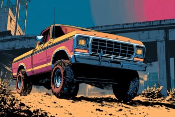 Illustration of a Ford truck going over ramp