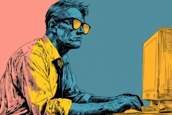 Illustration of man sitting at a computer