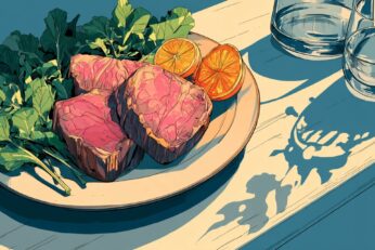 Illustration of steak dinner on a plate with greens