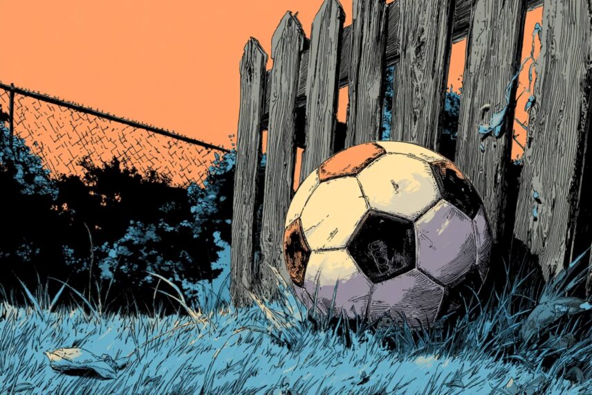 illustration of a soccer ball near a fence