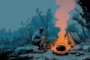 illustration of man cooking over a campfire