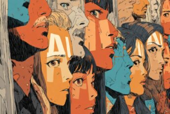 Illustration of a group of people with the letters AI on their face