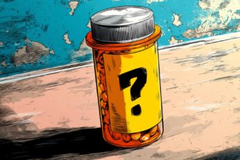 Illustration of a pill bottle with a question mark on it