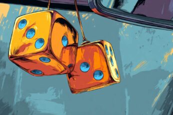 Illustration of dice hanging from a car mirror