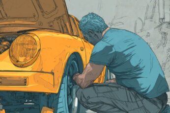Illustration of man working on a car