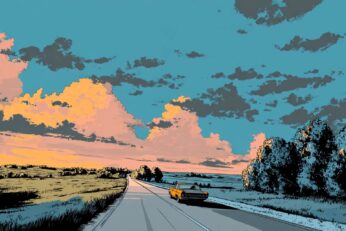illustration of a car driving down a long road