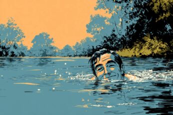 illustration of a man swimming in a lake