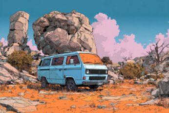 illustration of a van parked near a rock structure