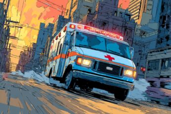 illustration of an ambulance speeding down a city street