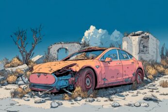 illustration of old broken down Tesla car