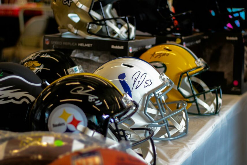 NFL helmets.