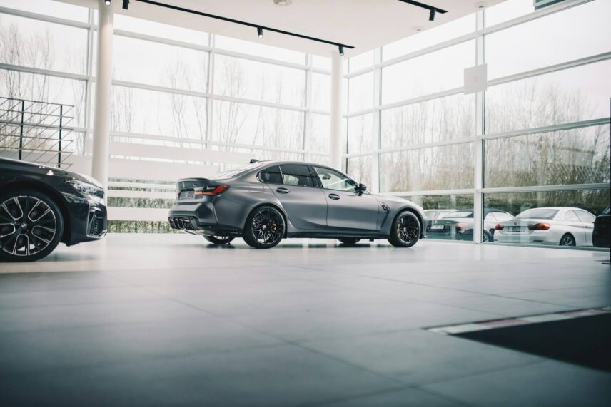 Gray sedan on the dealership floor
