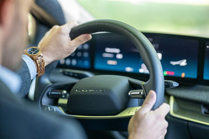 steering wheel of a Lucid electric car