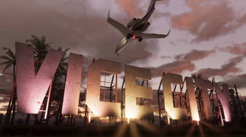 GTA 6 airplane flying over the Vice City sign