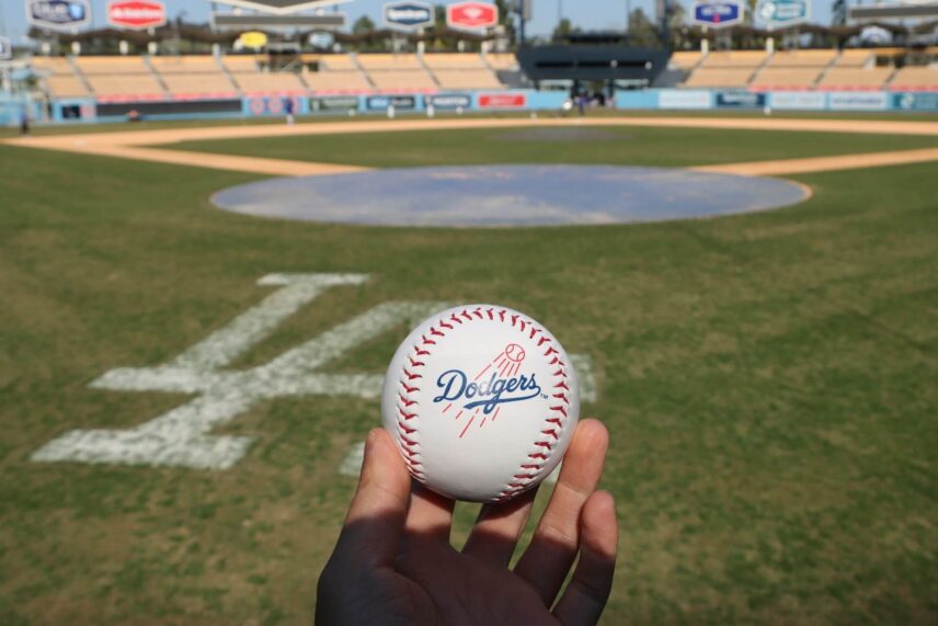 a baseball with a Los Angeles Dodgers logo