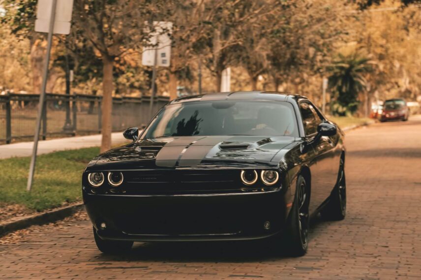 Black muscle car parked on a city street.