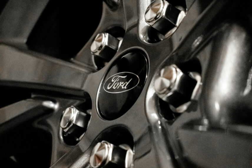 Close-up of a Ford vehicle's alloy wheel and tire