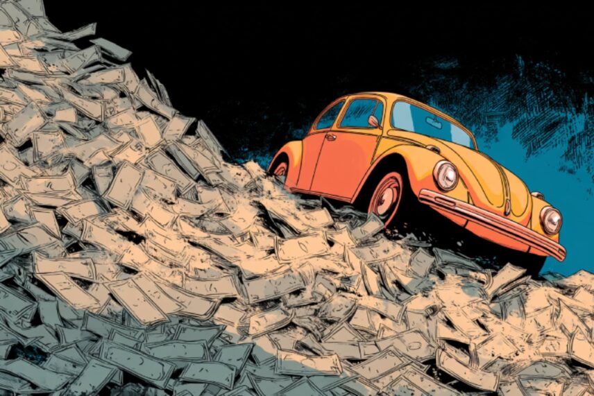 illustration of a car in a pile of money