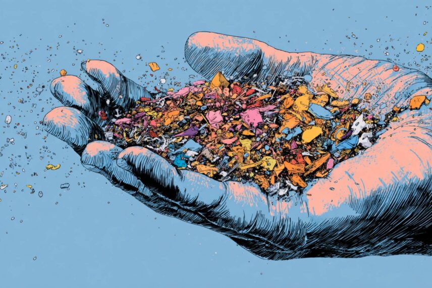 illustration of a hand holding microplastics