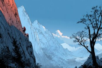 illustration of a man free solo climbing a mountain