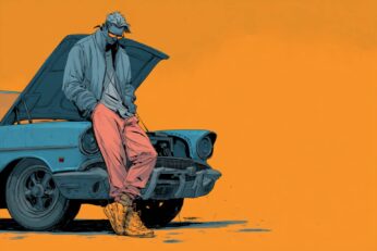 illustration of a man leaning against a car with its hood open