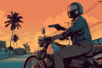 illustration of a man on a motorcycle with a handgun