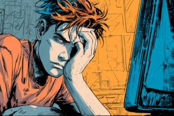 illustration of a man sitting a desktop monitor