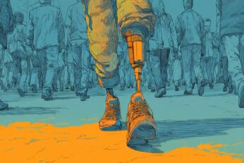 illustration of a man with a prosthetic leg walking in a crowd