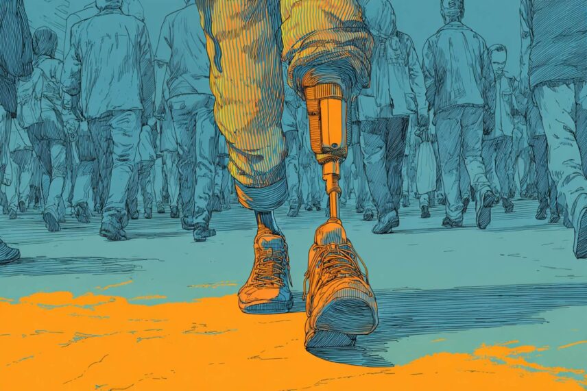illustration of a man with a prosthetic leg walking in a crowd