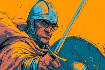 illustration of a man with a sword and shield wearing glasses