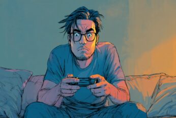 illustration of man holding a controller with a confused look on his face