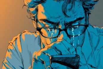 illustration of man looking at his phone and crying