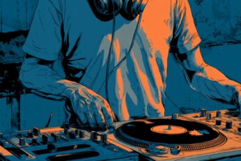 illustration of man standing at turn tables