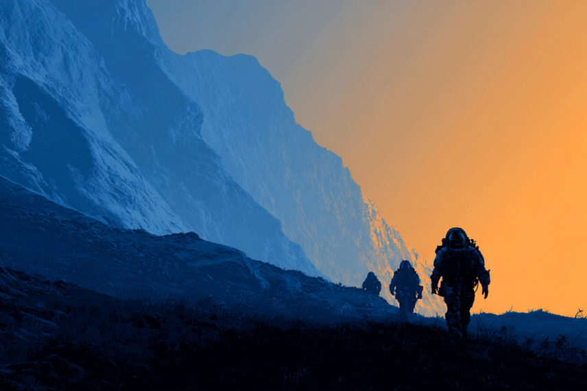 illustration of men walking near a mountain