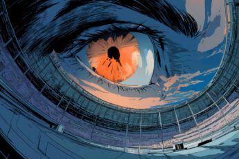 illustration of orange eye overlooking a sports stadium