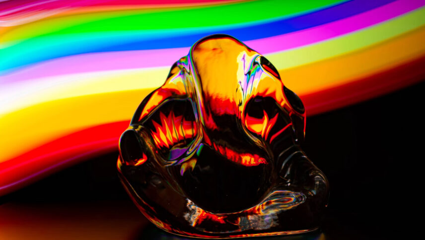 fire-colored mask with multicolored background