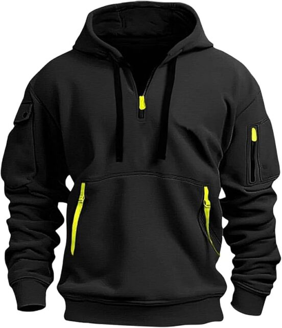 Black quarter-zip hoodie with neon yellow accents