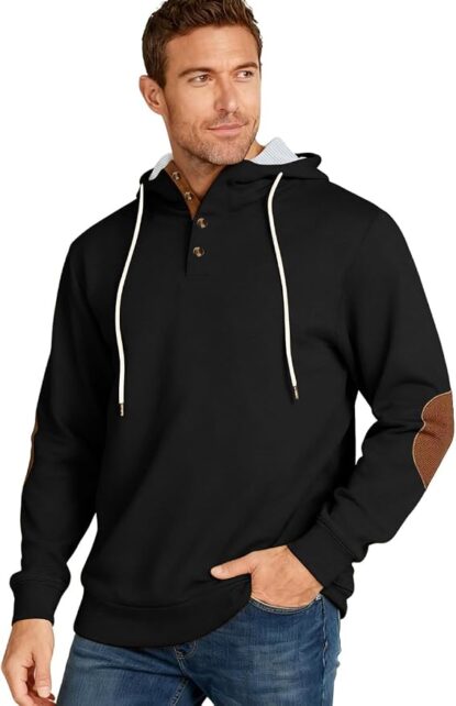 Black hoodie with brown leather elbow patches