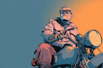 Illustration of a man on a motorcycle