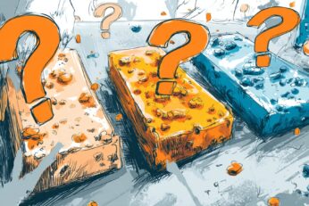 Illustration of protein bars surrounded by question marks