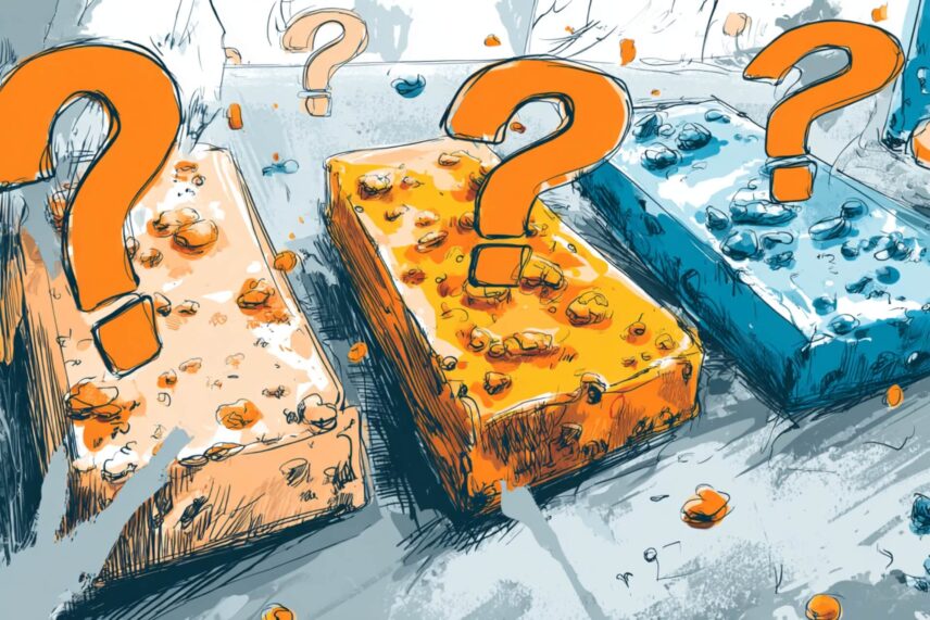 Illustration of protein bars surrounded by question marks