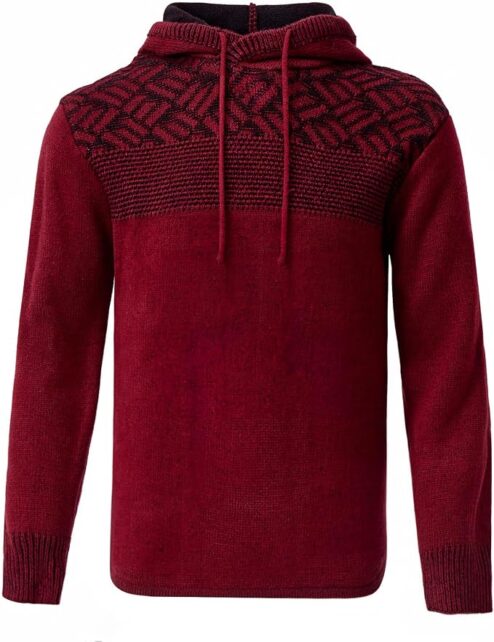 Red knit hoodie with graphic pattern near neck and shoulders