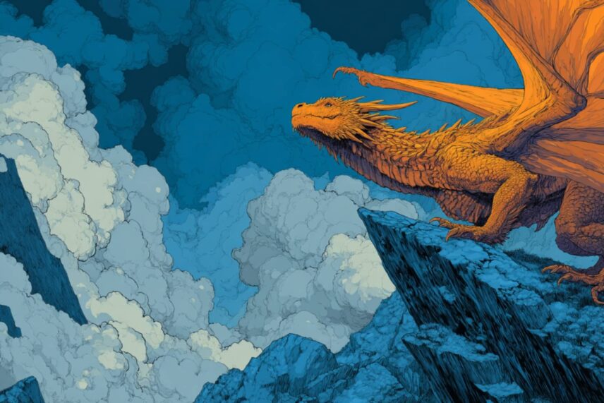 illustration of a dragon on a rocky outcropping