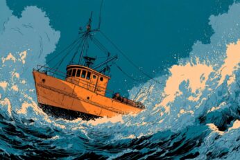 illustration of a fishing boat on the waves