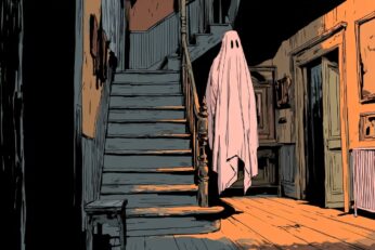 illustration of a ghost in a haunted house