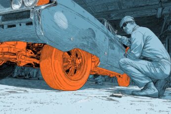 illustration of a man crouching next to a car